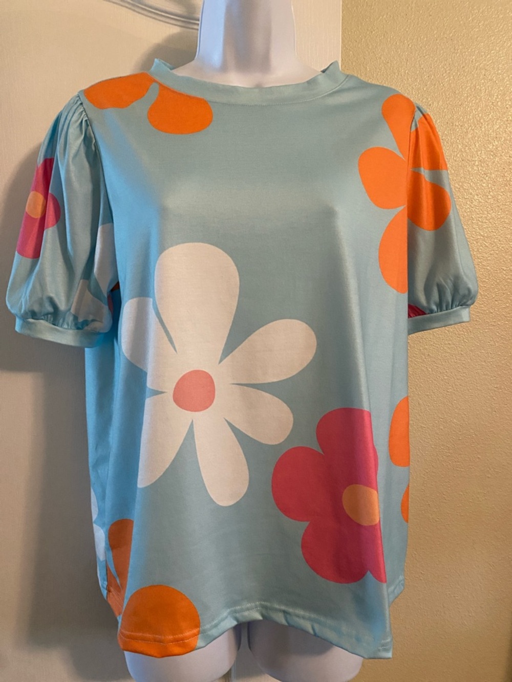 Women’s Floral Puff-Sleeve Blouse in Light Blue with Orange & Pink Accents